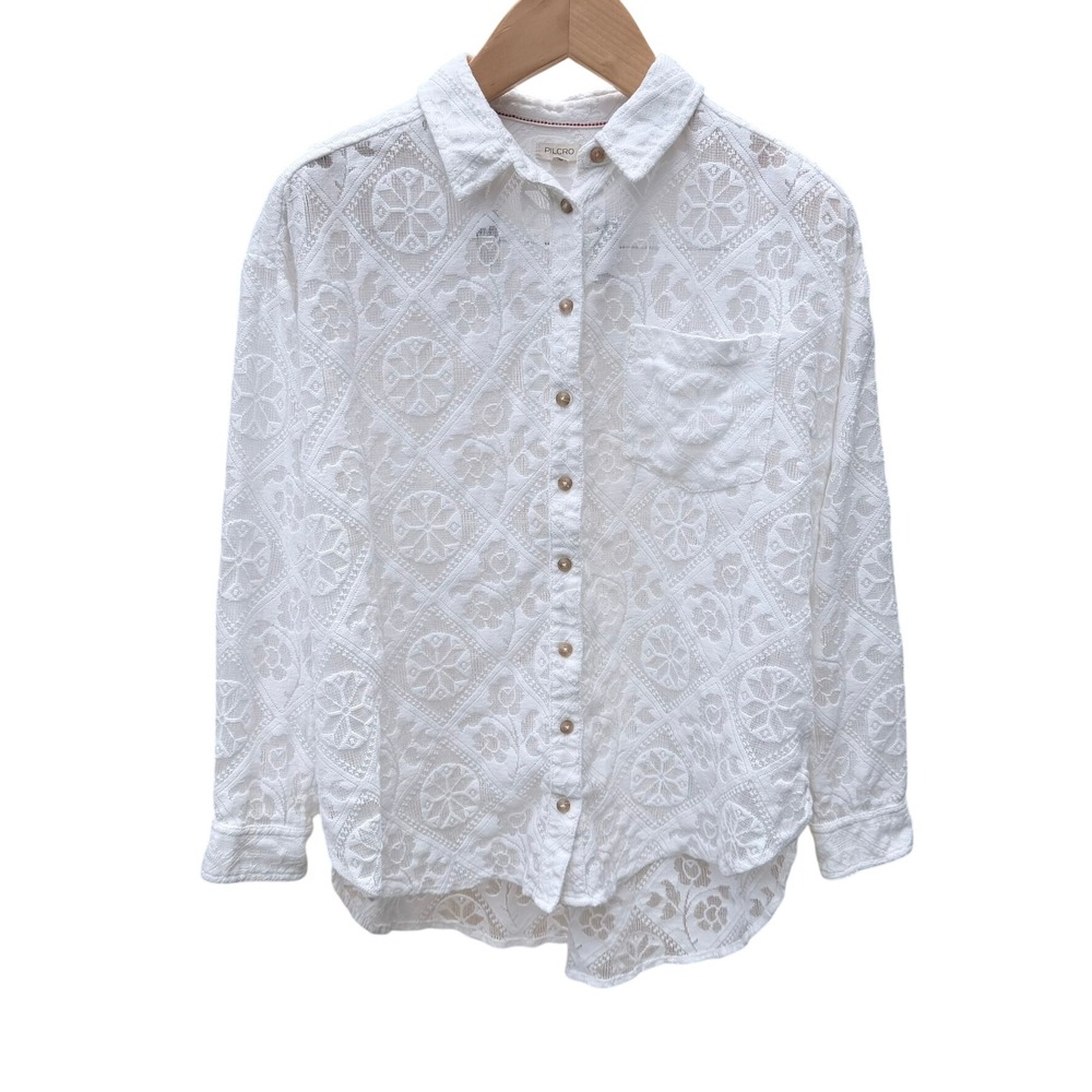 Pilcro Lace Button Down Shirt Womens Medium White Floral Eyelet Boho Casual Top